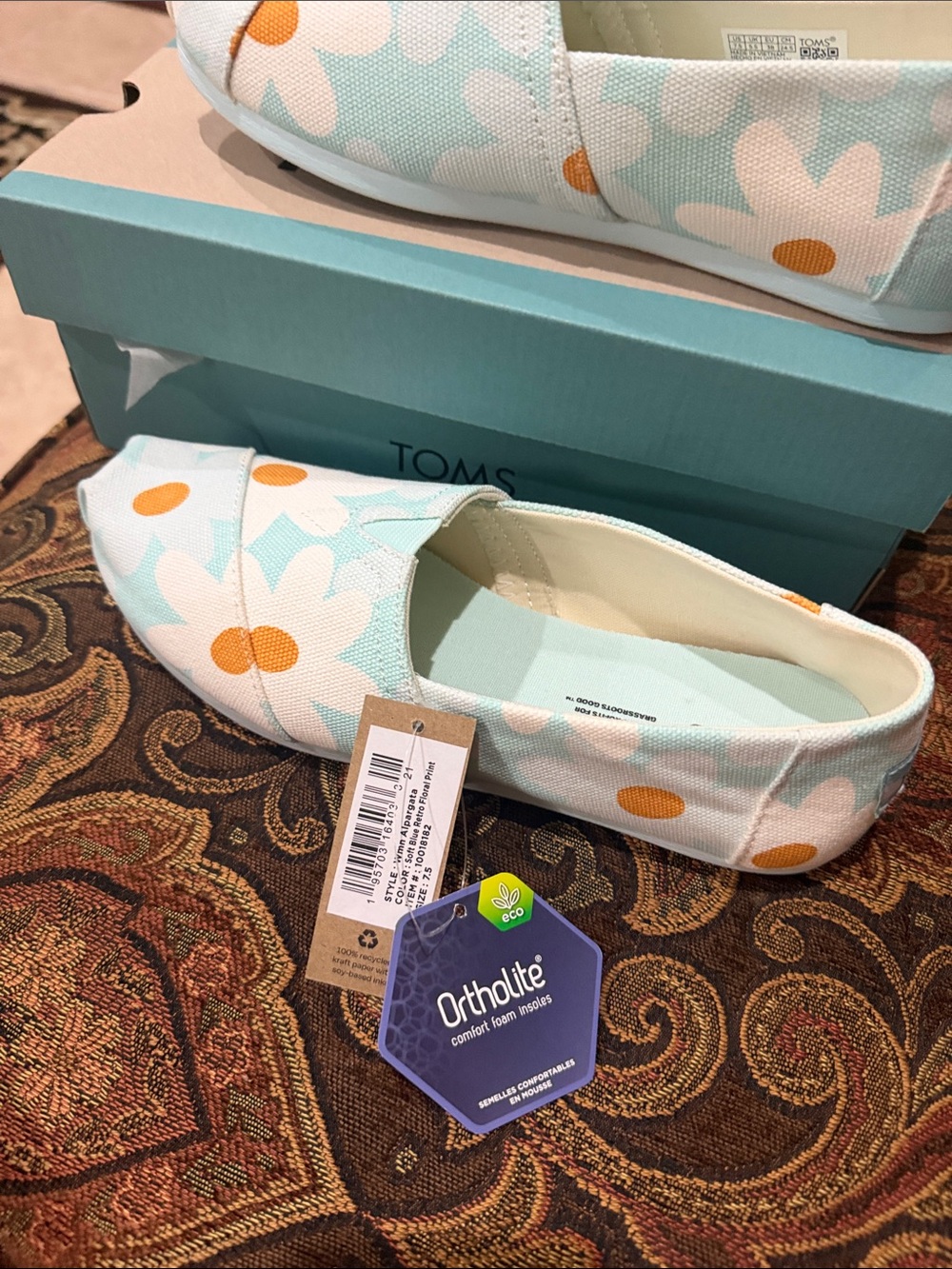 Toms Women's Espadrilles in Light Aqua, White & Orange Daisy Print